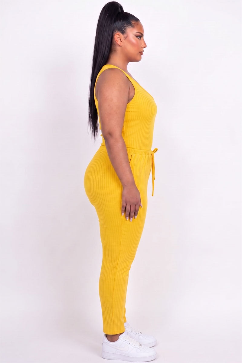 Plus Size Ribbed Sleeveless Drawstring Jumpsuit