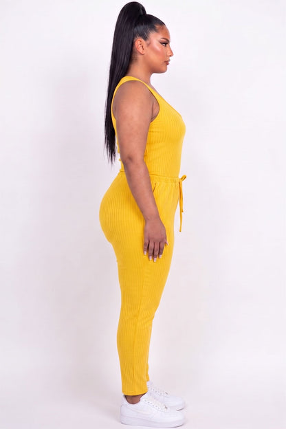 Plus Size Ribbed Sleeveless Drawstring Jumpsuit