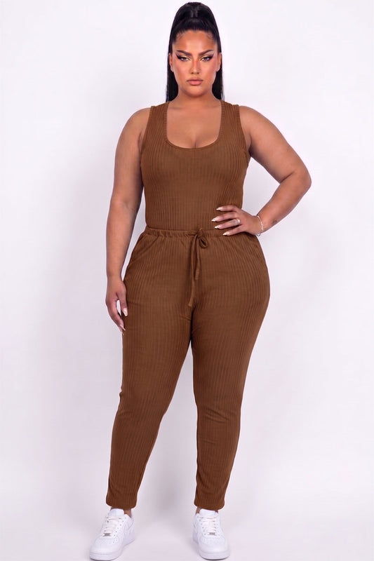 Plus Size Ribbed Sleeveless Drawstring Jumpsuit