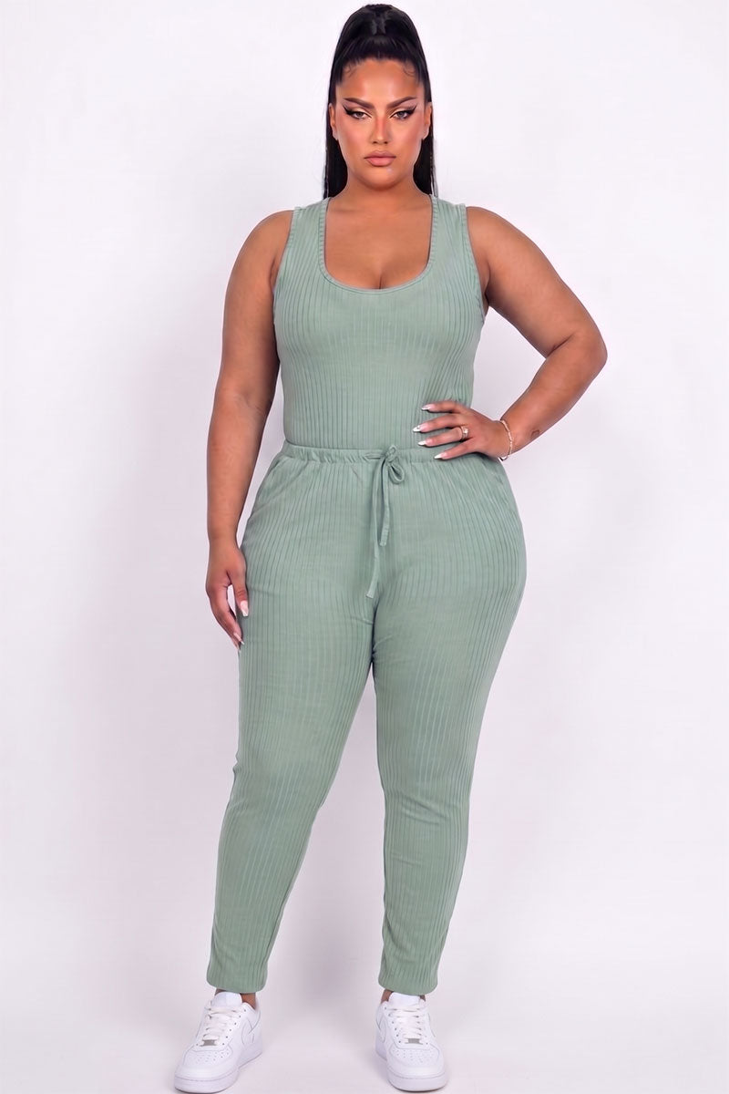 Plus Size Ribbed Sleeveless Drawstring Jumpsuit