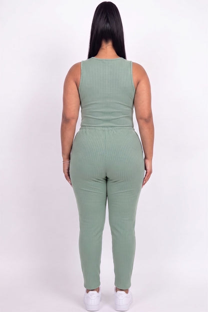 Plus Size Ribbed Sleeveless Drawstring Jumpsuit