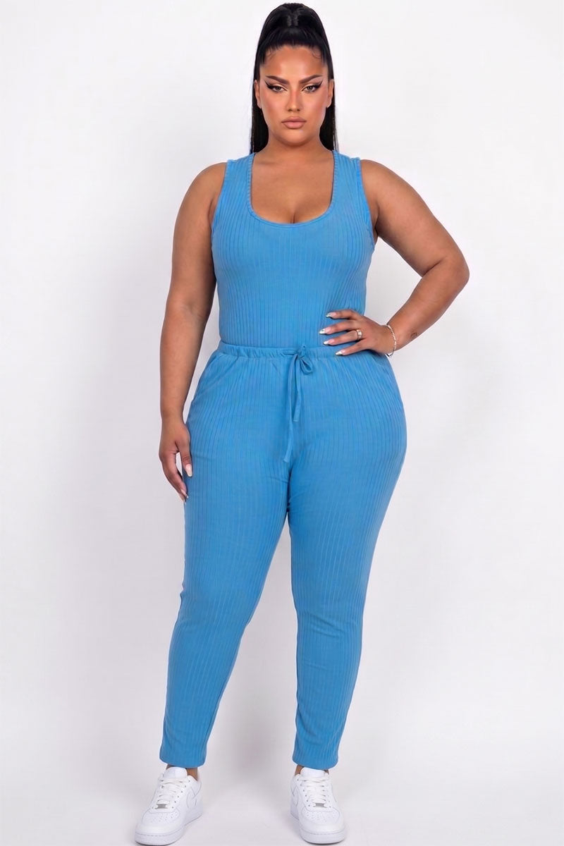 Plus Size Ribbed Sleeveless Drawstring Jumpsuit