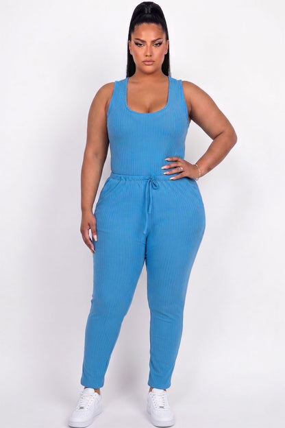 Plus Size Ribbed Sleeveless Drawstring Jumpsuit