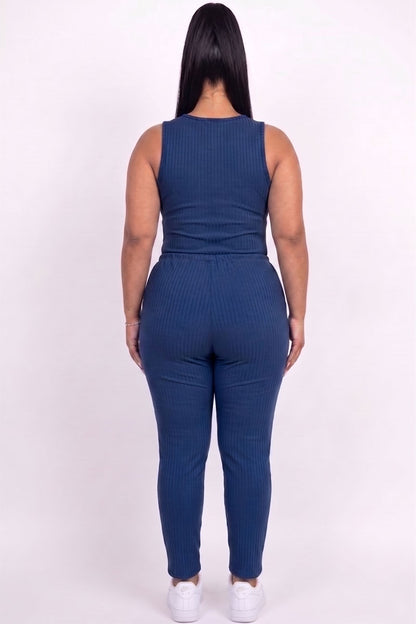 Plus Size Ribbed Sleeveless Drawstring Jumpsuit