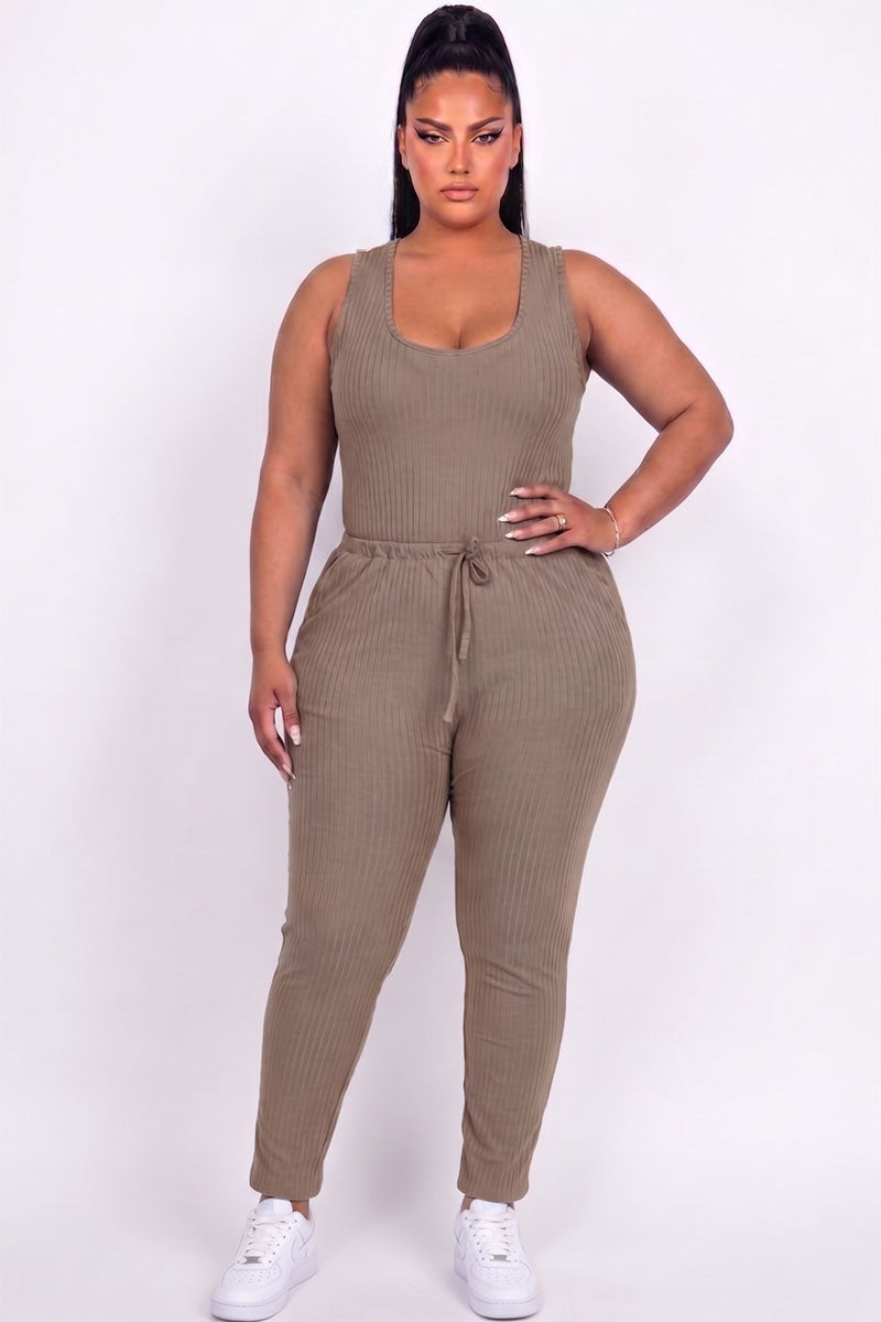 Plus Size Ribbed Sleeveless Drawstring Jumpsuit
