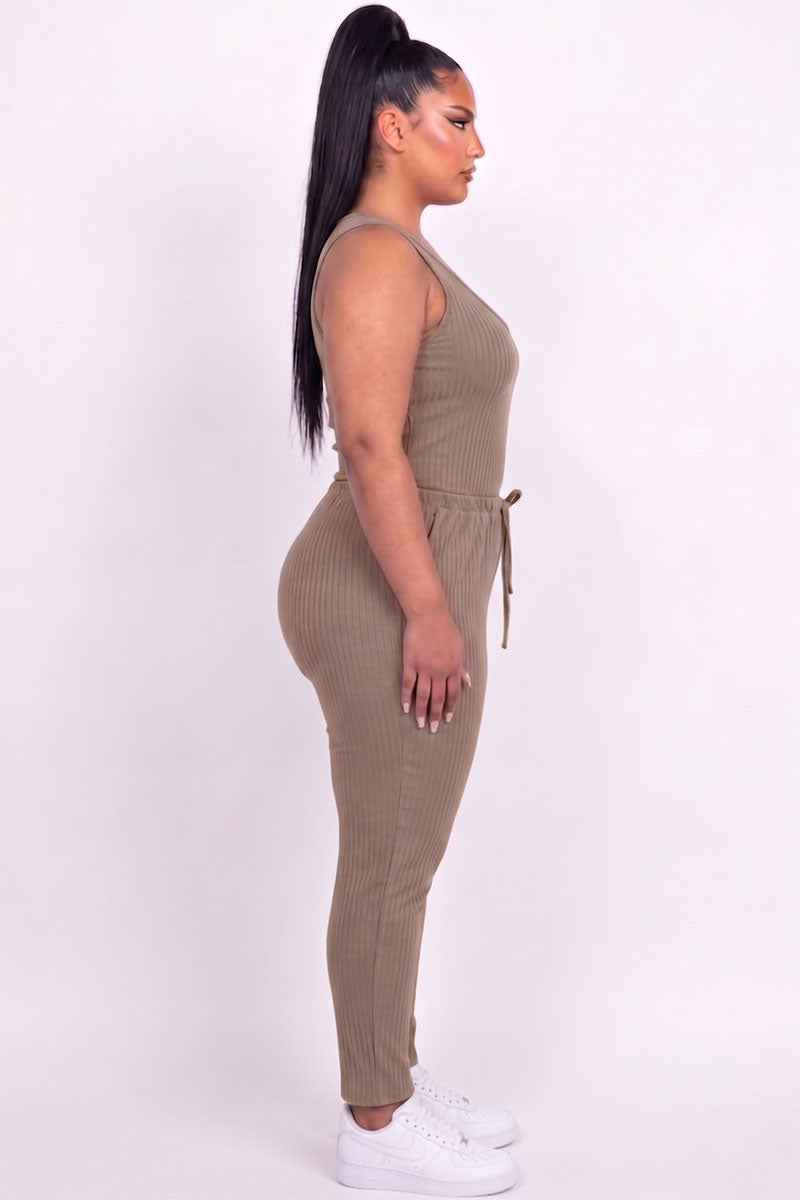Plus Size Ribbed Sleeveless Drawstring Jumpsuit