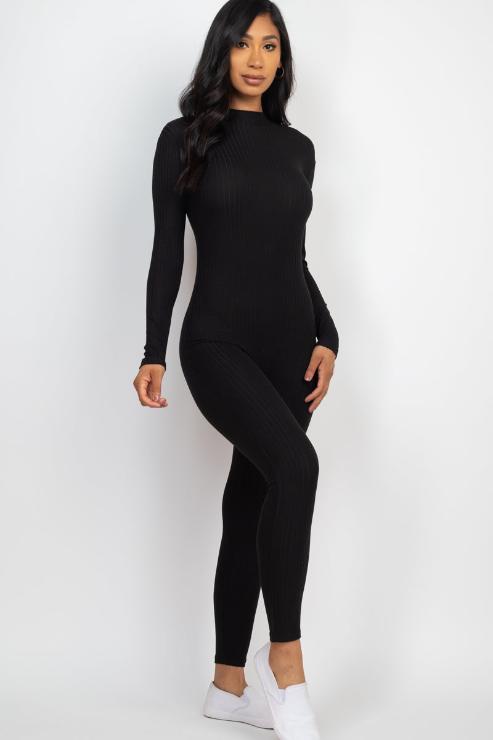 Ribbed Mock Neck Long Sleeve Casual Jumpsuit - Capella Apparel