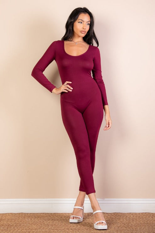 Scoop Neck Long Sleeve Bodycon Jumpsuit - Capella Apparel