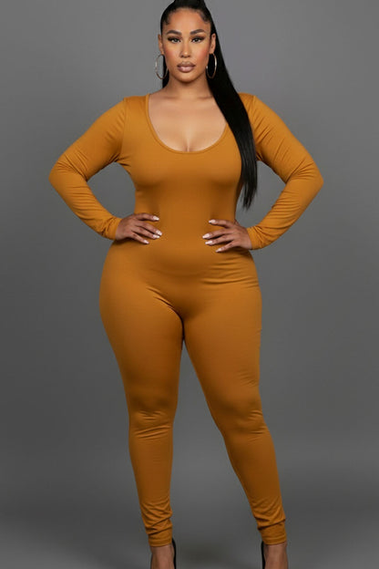 Plus Size Scoop Neck Long Sleeve Bodycon Jumpsuit