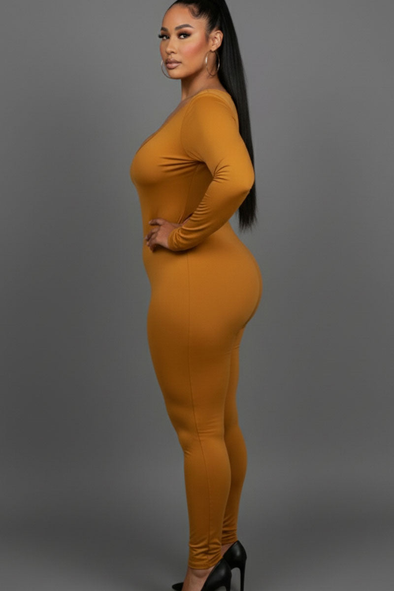 Plus Size Scoop Neck Long Sleeve Bodycon Jumpsuit