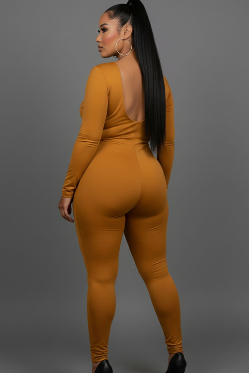 Plus Size Scoop Neck Long Sleeve Bodycon Jumpsuit
