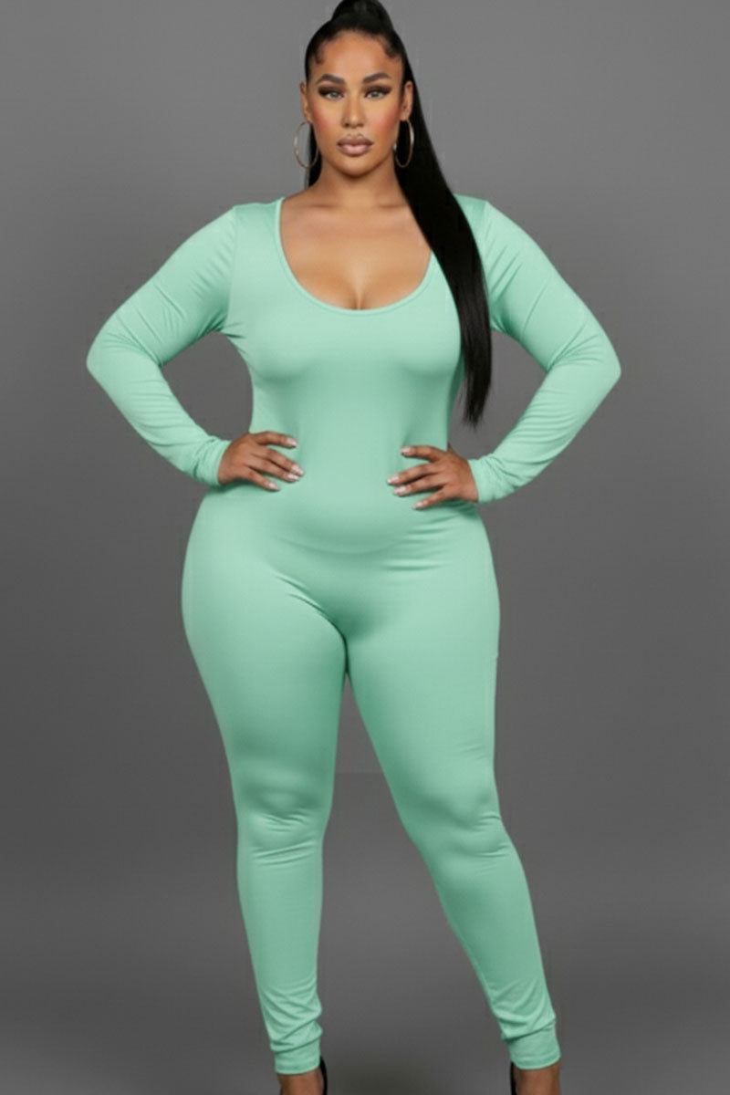 Plus Size Scoop Neck Long Sleeve Bodycon Jumpsuit