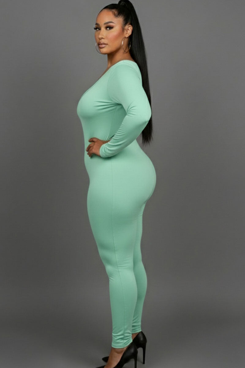 Plus Size Scoop Neck Long Sleeve Bodycon Jumpsuit