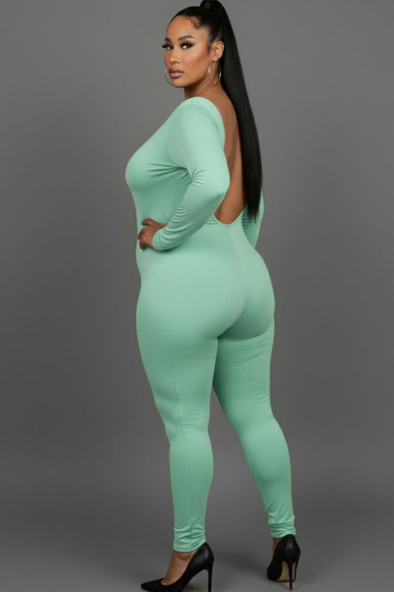 Plus Size Scoop Neck Long Sleeve Bodycon Jumpsuit