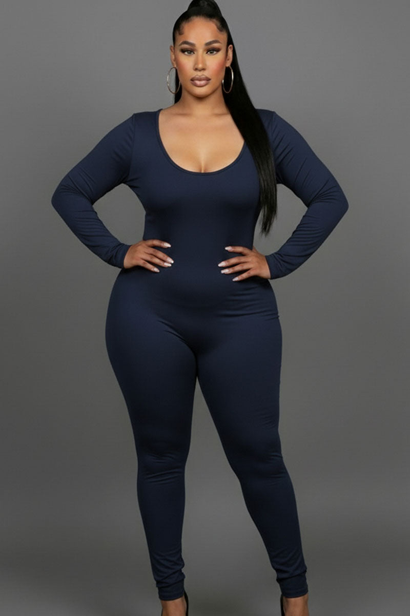 Plus Size Scoop Neck Long Sleeve Bodycon Jumpsuit