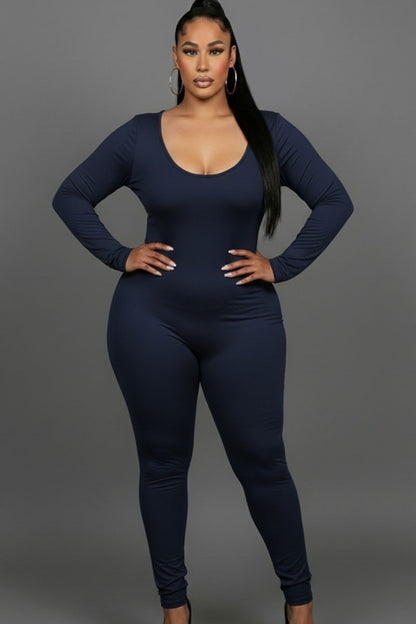 Plus Size Scoop Neck Long Sleeve Bodycon Jumpsuit