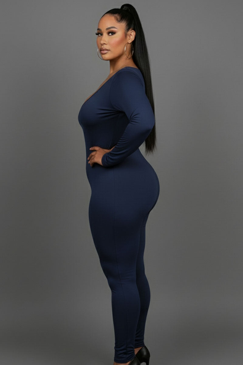 Plus Size Scoop Neck Long Sleeve Bodycon Jumpsuit