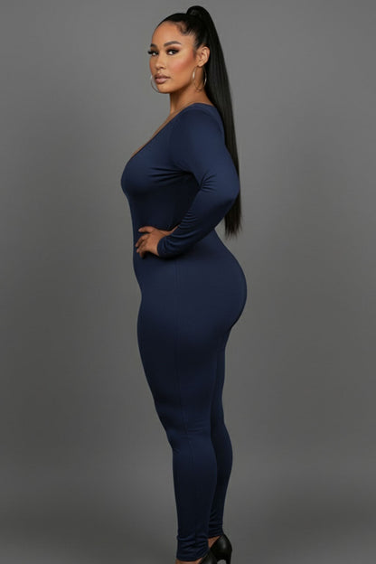 Plus Size Scoop Neck Long Sleeve Bodycon Jumpsuit
