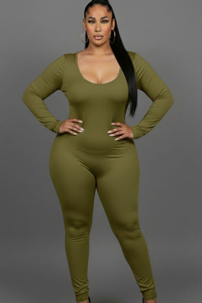 Plus Size Scoop Neck Long Sleeve Bodycon Jumpsuit
