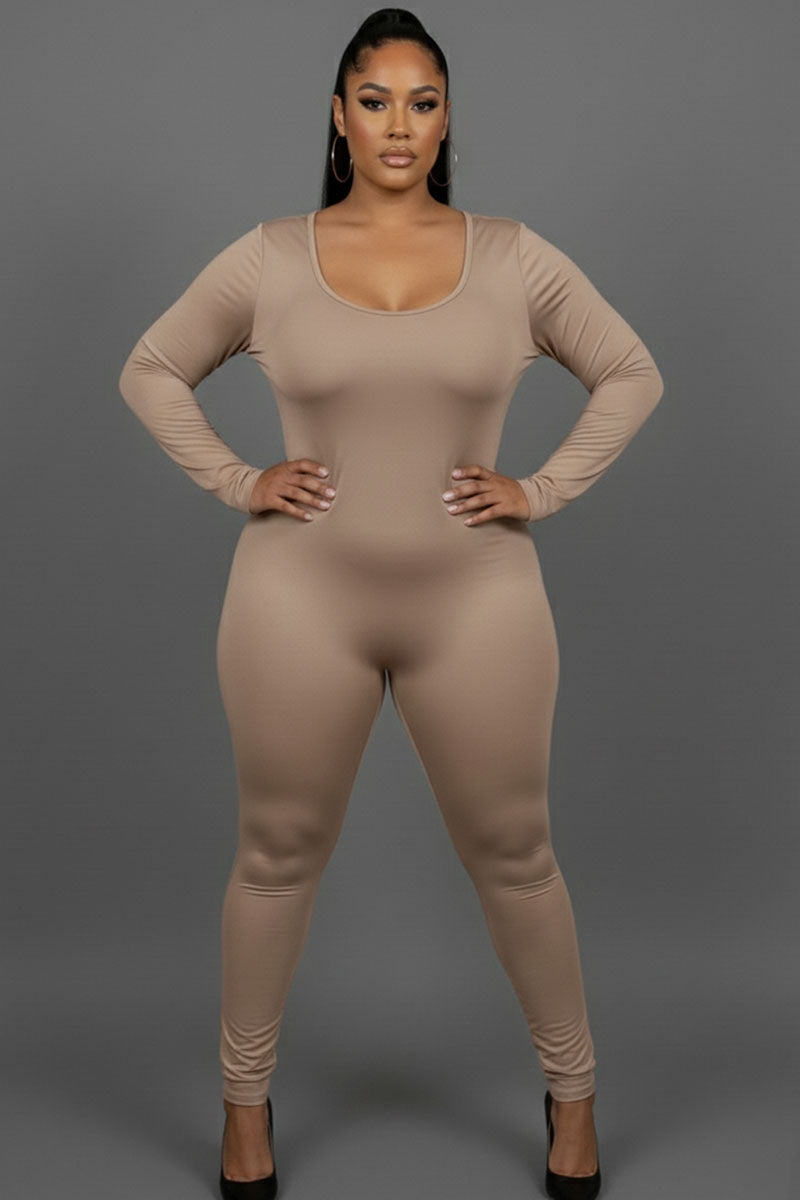Plus Size Scoop Neck Long Sleeve Bodycon Jumpsuit