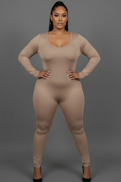 Plus Size Scoop Neck Long Sleeve Bodycon Jumpsuit