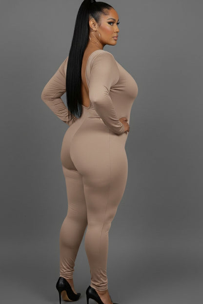 Plus Size Scoop Neck Long Sleeve Bodycon Jumpsuit