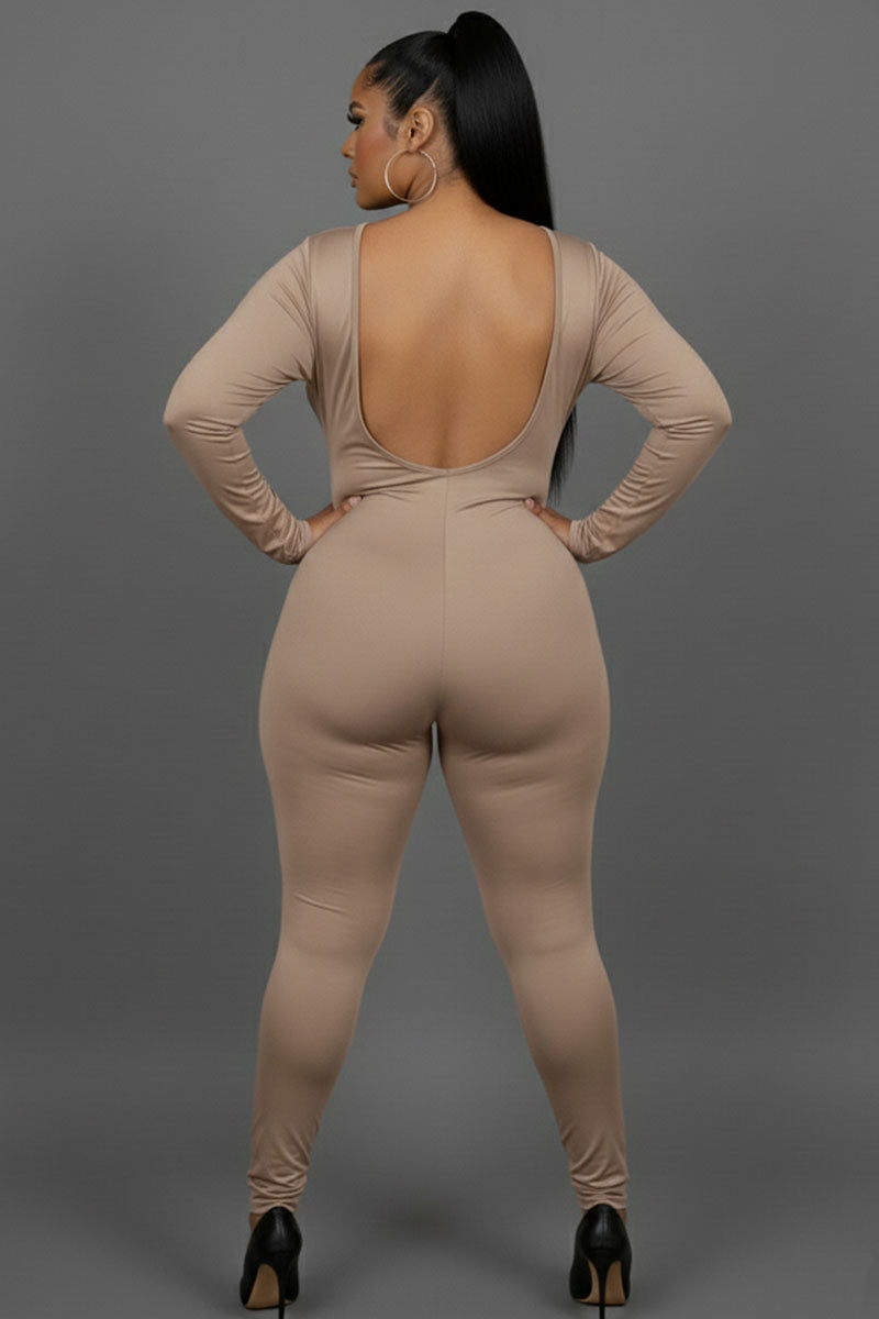 Plus Size Scoop Neck Long Sleeve Bodycon Jumpsuit