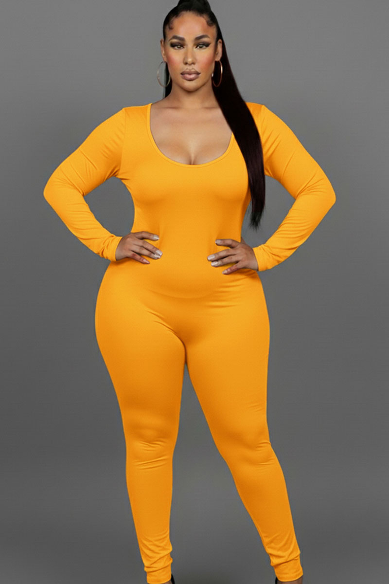 Plus Size Scoop Neck Long Sleeve Bodycon Jumpsuit