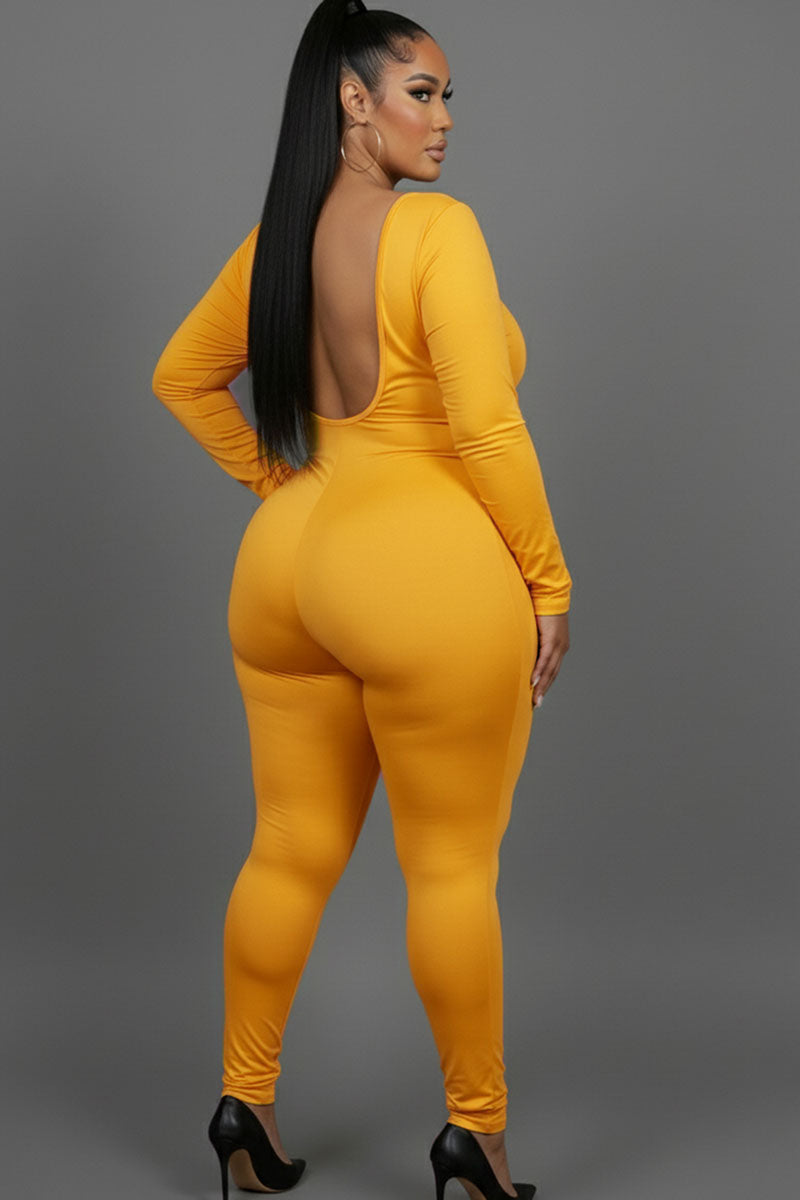Plus Size Scoop Neck Long Sleeve Bodycon Jumpsuit