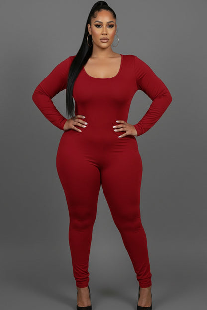 Plus Size Scoop Neck Long Sleeve Bodycon Jumpsuit
