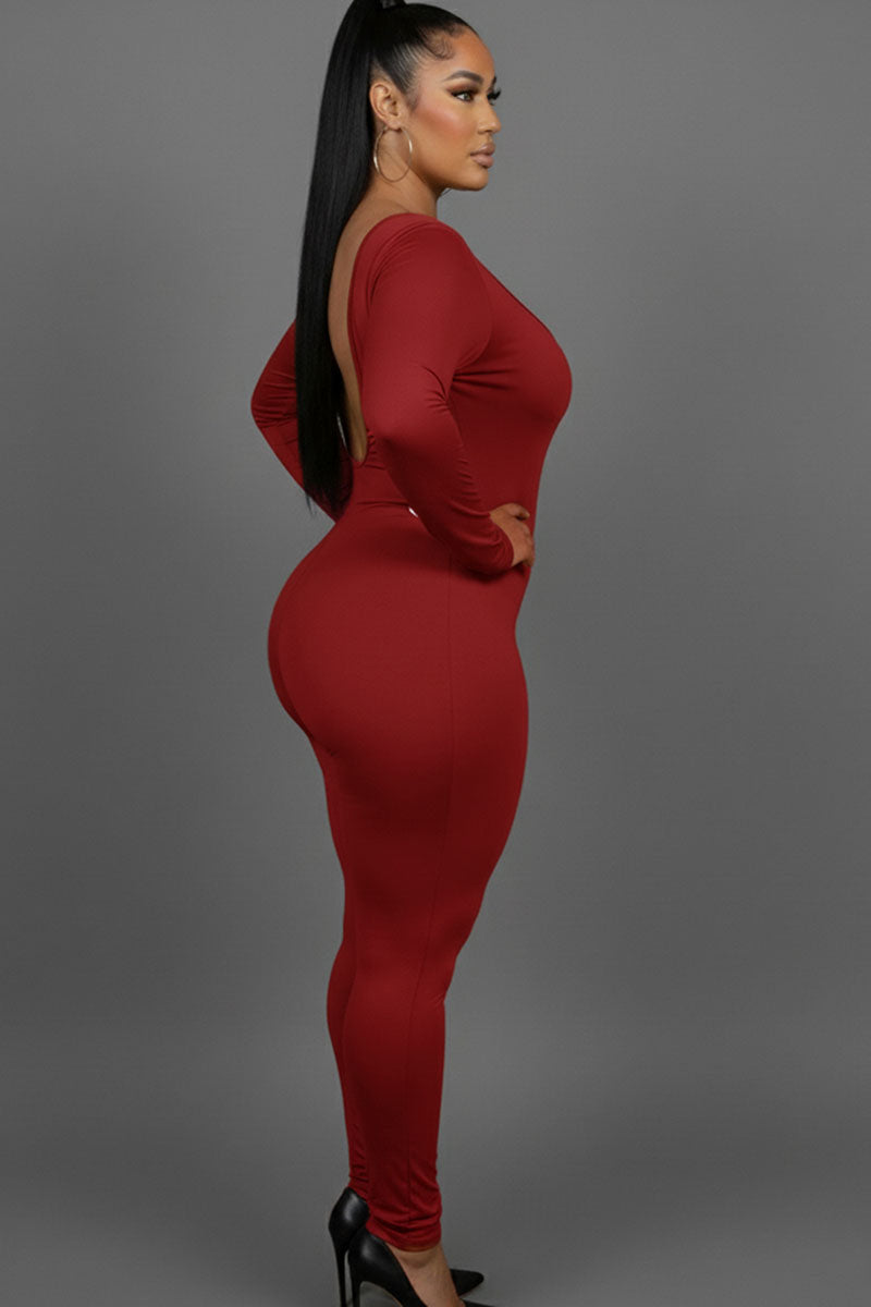 Plus Size Scoop Neck Long Sleeve Bodycon Jumpsuit