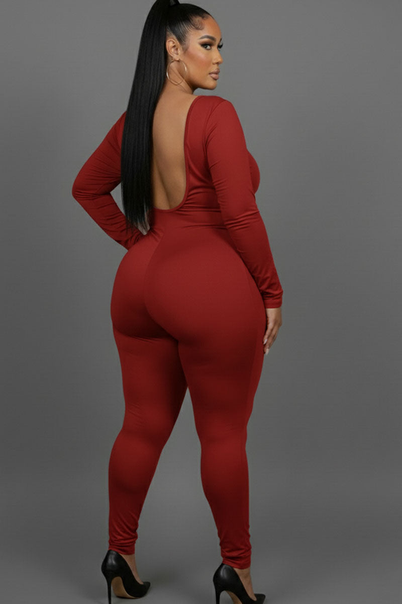 Plus Size Scoop Neck Long Sleeve Bodycon Jumpsuit