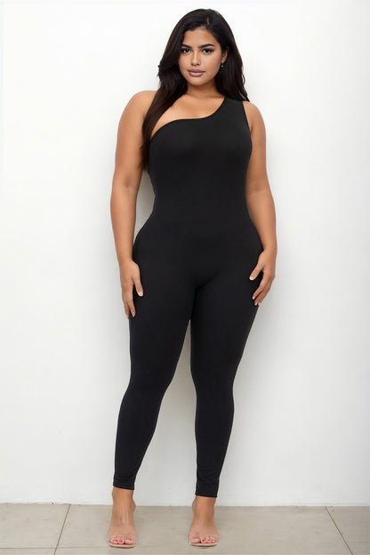 Plus Size Solid Color One Shoulder Jumpsuit