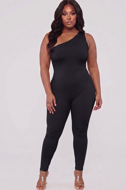 Plus Size Solid Color One Shoulder Jumpsuit