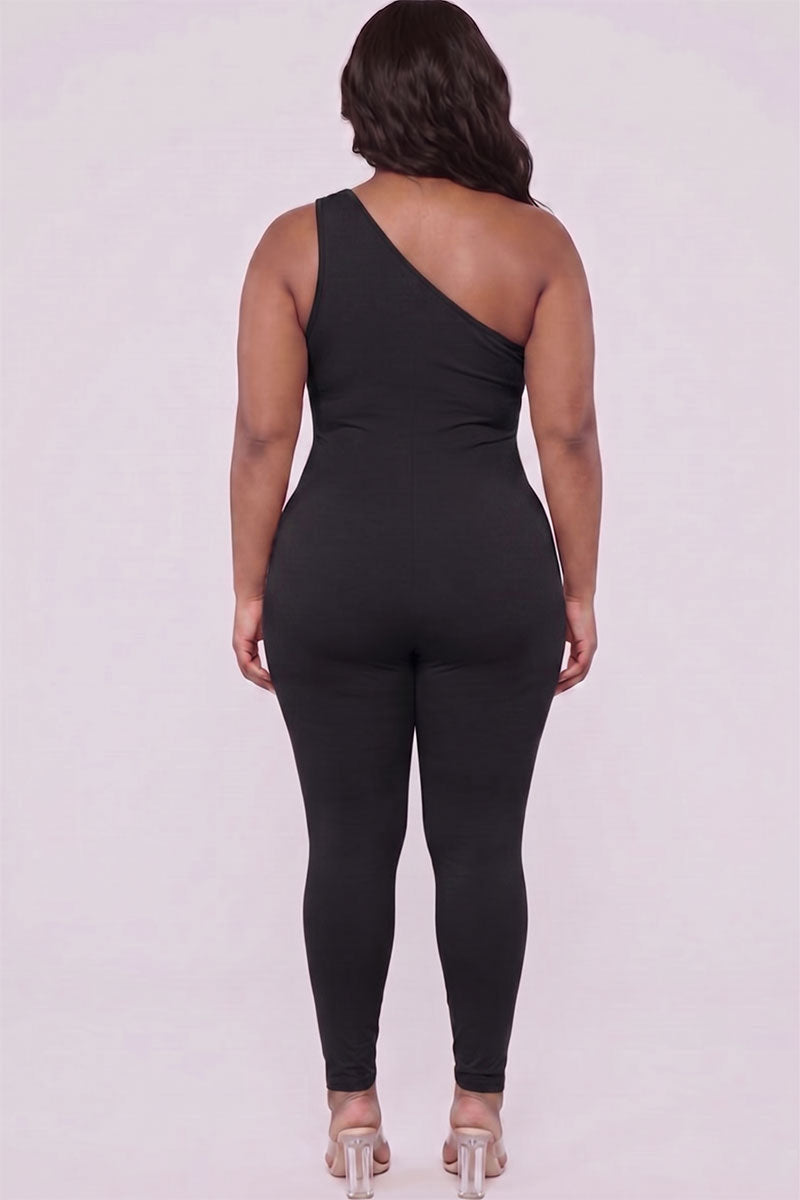 Plus Size Solid Color One Shoulder Jumpsuit