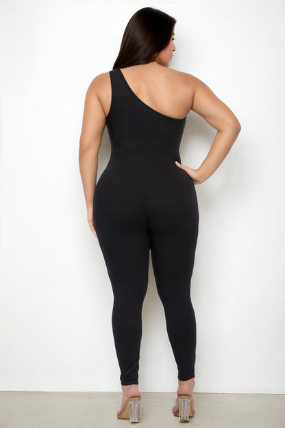 Plus Size Solid Color One Shoulder Jumpsuit