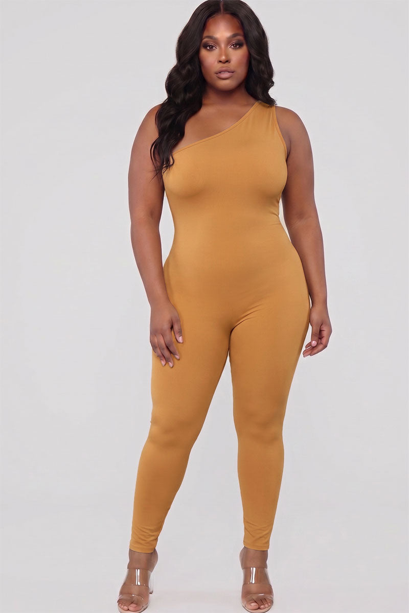 Plus Size Solid Color One Shoulder Jumpsuit