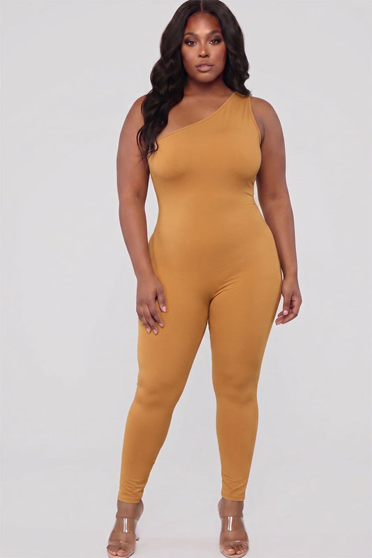 Plus Size Solid Color One Shoulder Jumpsuit