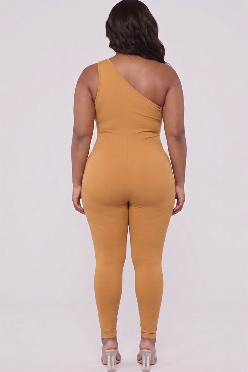 Plus Size Solid Color One Shoulder Jumpsuit