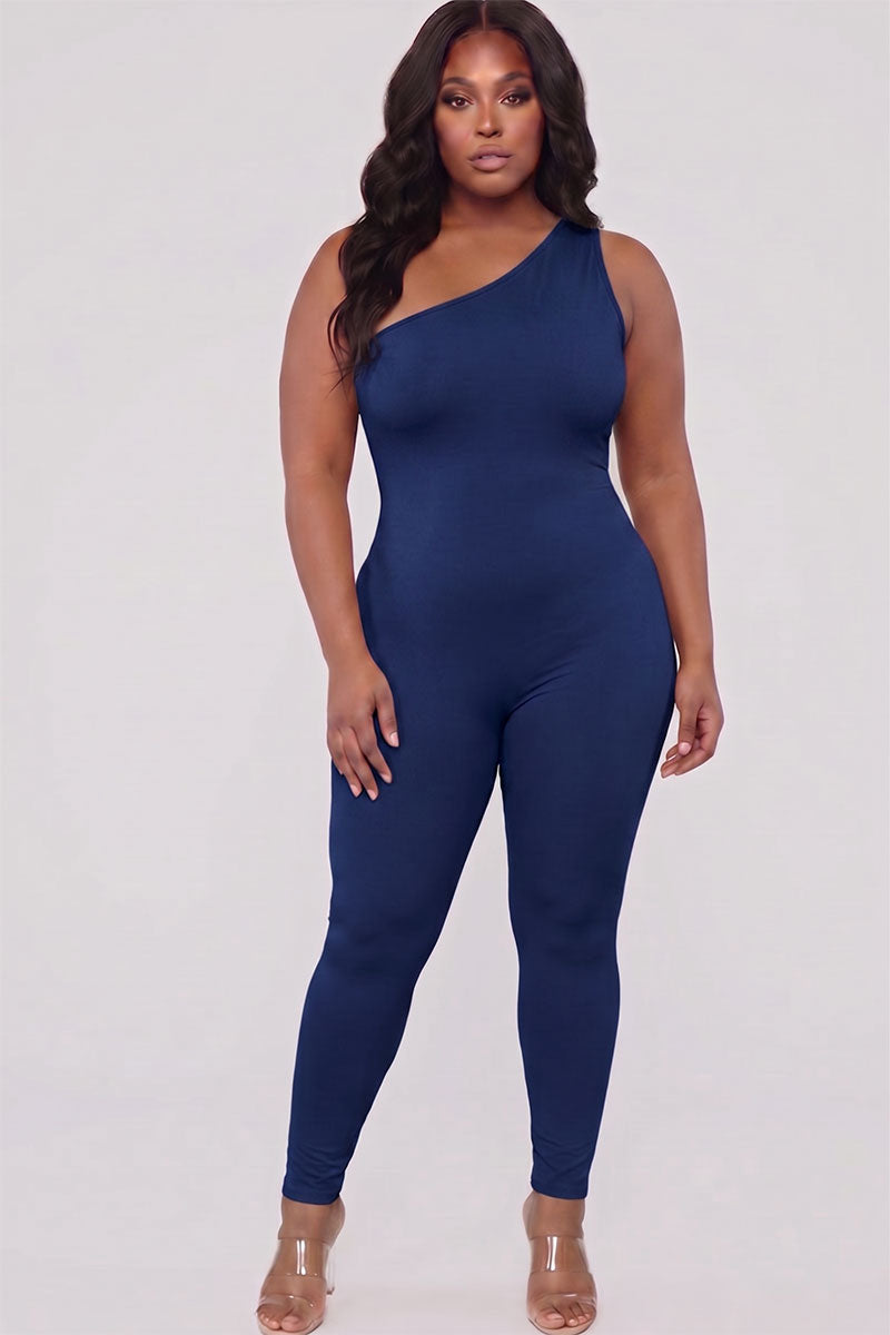 Plus Size Solid Color One Shoulder Jumpsuit