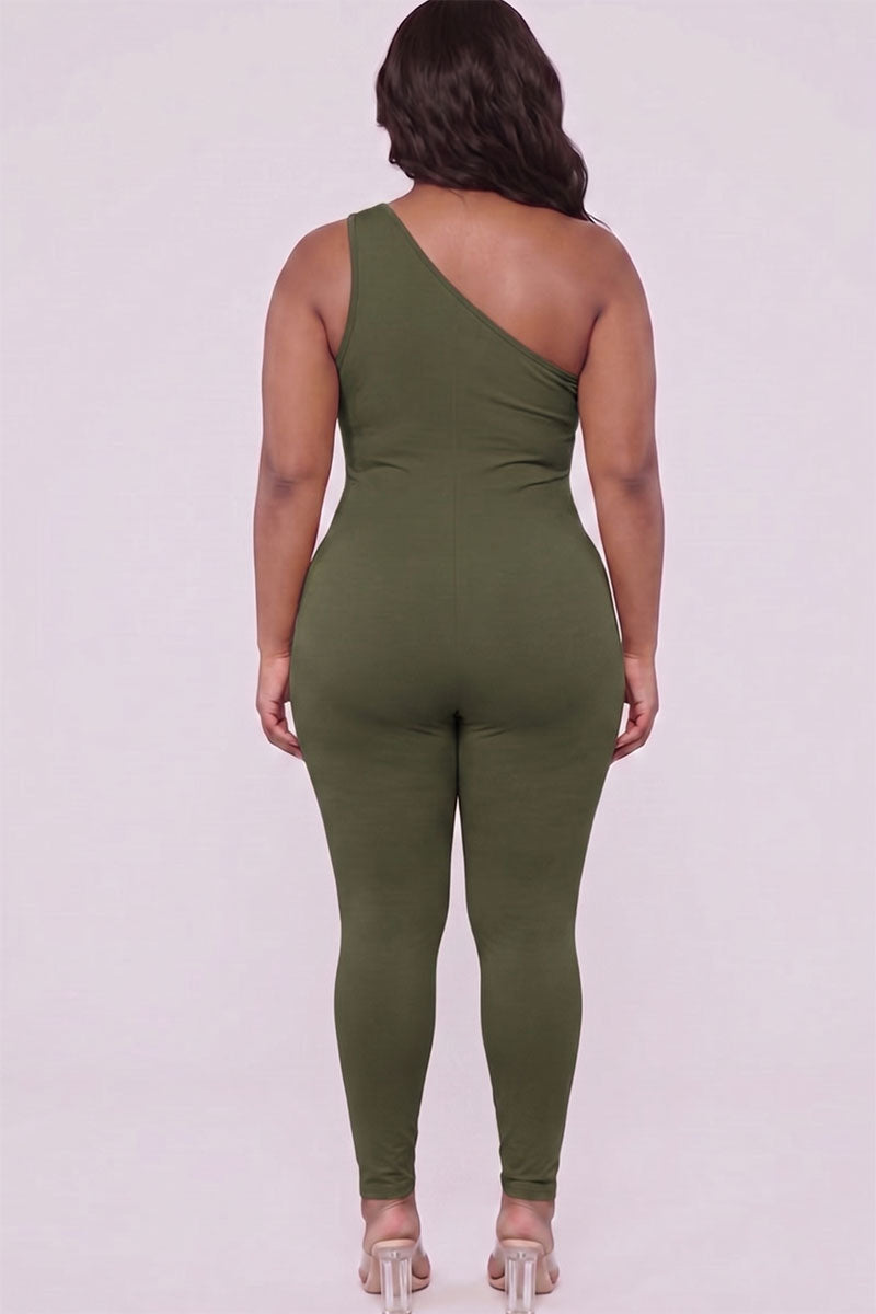 Plus Size Solid Color One Shoulder Jumpsuit
