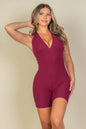 Casual Solid Halter V Neck Ribbed Bodycon Romper - Capella Apparel