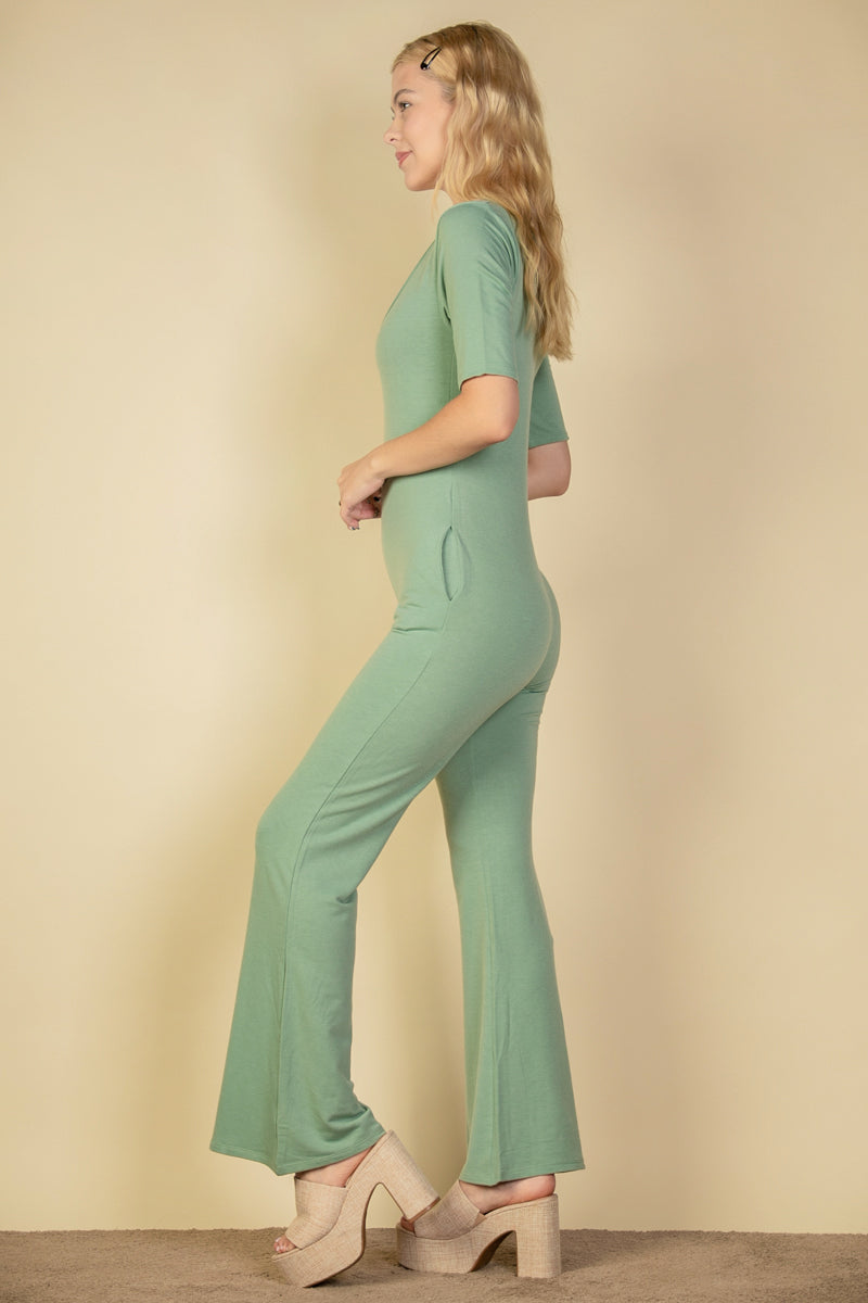 French Terry Short Sleeve Flare Jumpsuit - Capella Apparel