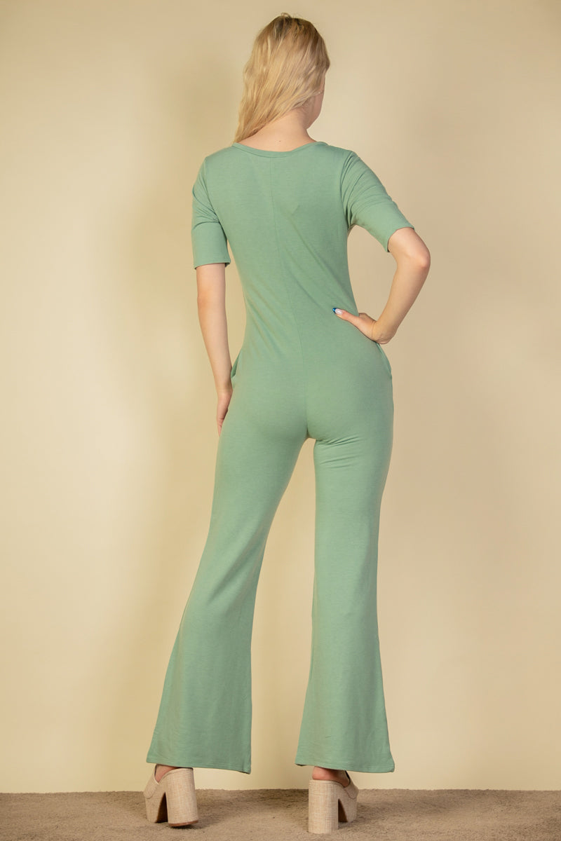 French Terry Short Sleeve Flare Jumpsuit - Capella Apparel