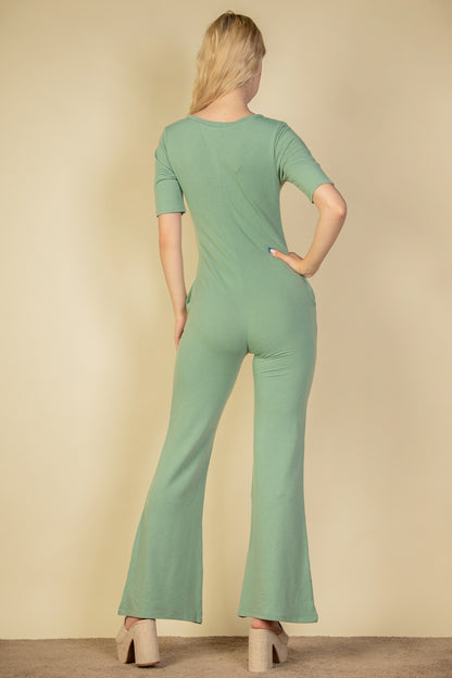 French Terry Short Sleeve Flare Jumpsuit - Capella Apparel