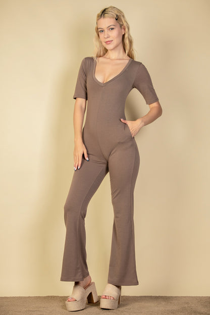 French Terry Short Sleeve Flare Jumpsuit - Capella Apparel