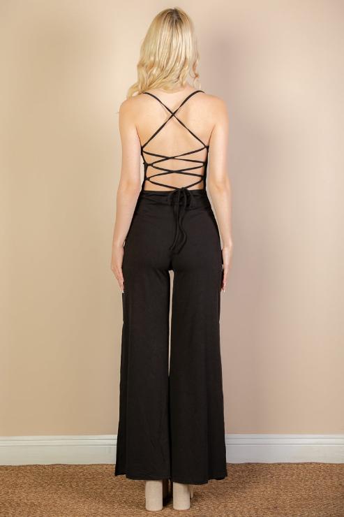 Ribbed Cowl Neck Backless Split Wide Leg Jumpsuit - Capella Apparel