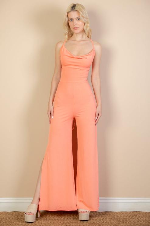 Ribbed Cowl Neck Backless Split Wide Leg Jumpsuit - Capella Apparel