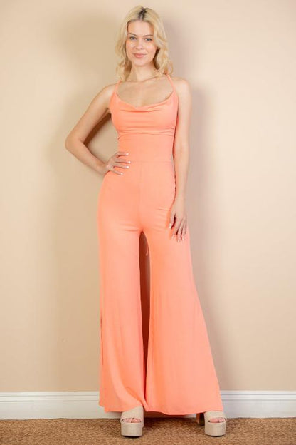 Ribbed Cowl Neck Backless Split Wide Leg Jumpsuit - Capella Apparel