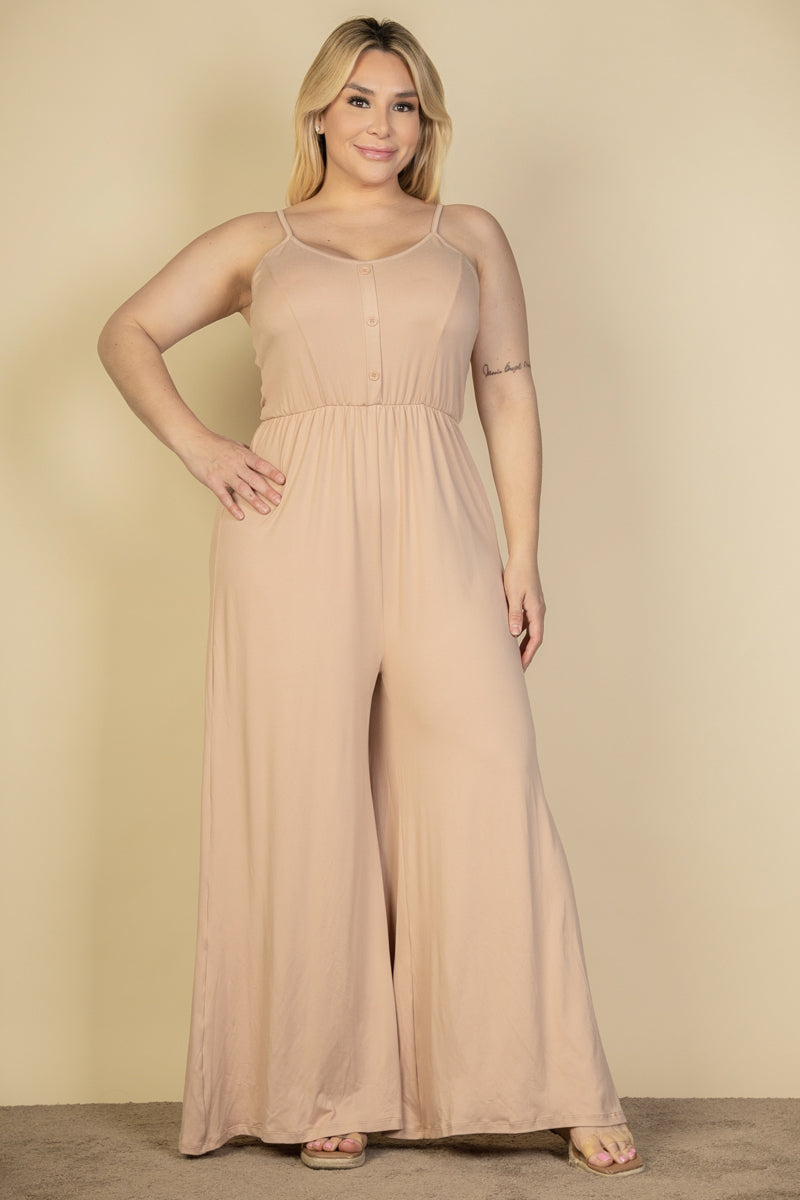 Plus Size Button Front Wide Leg Jumpsuit - Capella Apparel